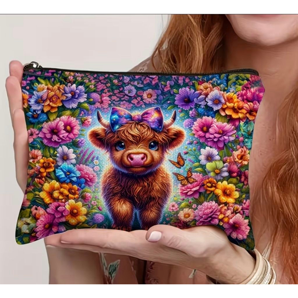 Women's Multicolor Floral Highland Cow Cosmetic Bag One Size